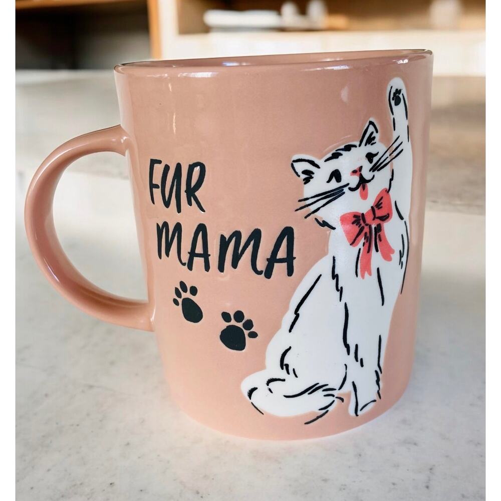 NEW Beautiful Pink Fur Mama White Cat Kitten w/ Bow 20 oz Coffee Tea Mug